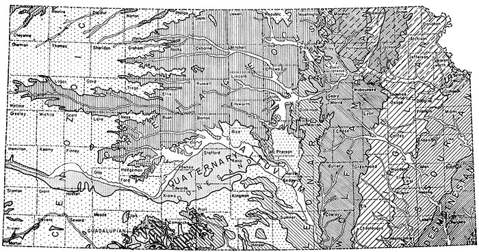 Map showing distribution of main divisions of outcropping rocks of Kansas.