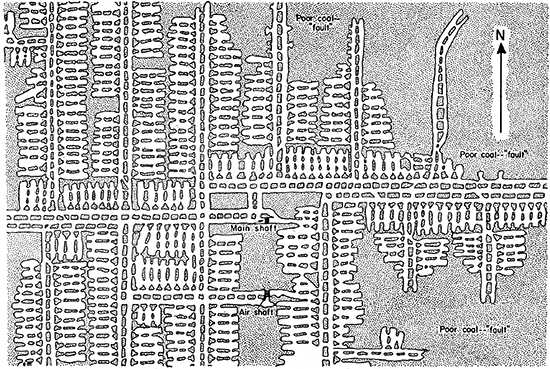 Section of a mine map showing room and pillar system of mining and ratio of faulty coal areas to mined areas.