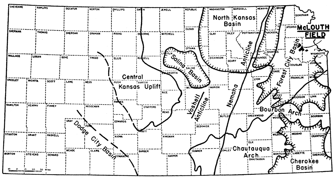 Map of Kansas showing McLouth gas and oil field and outlines of principal structural features of Kansas.
