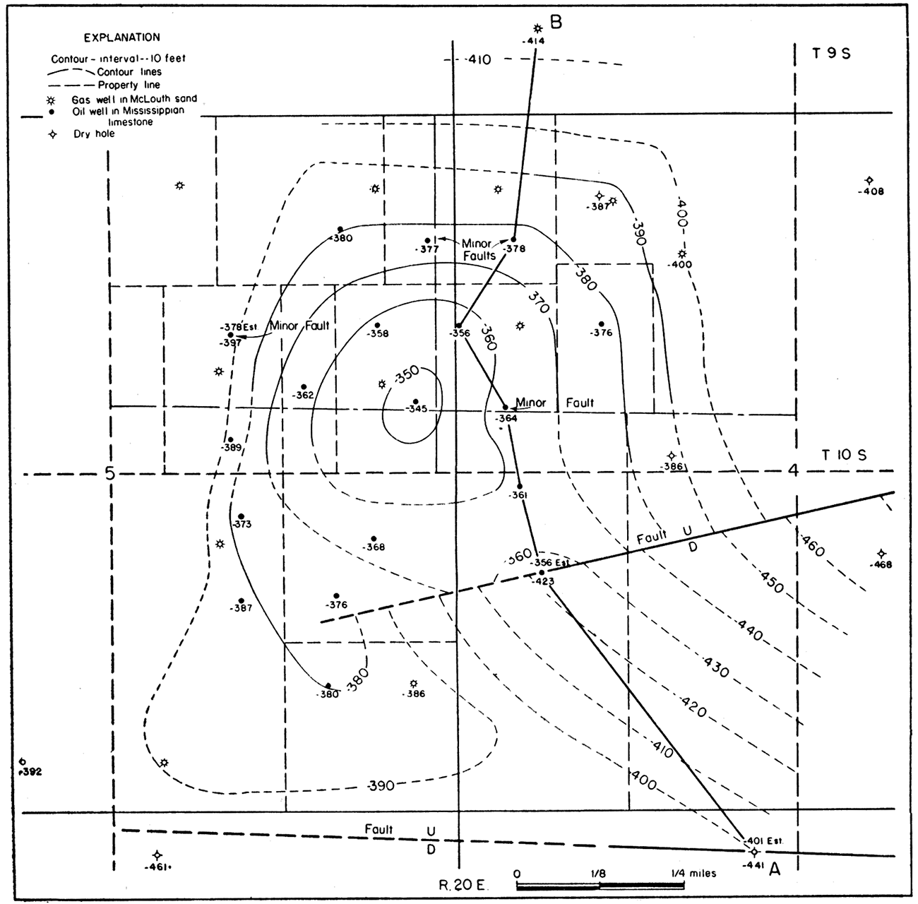 Map showing structure of the McLouth pool contoured on the top of the Warsaw limestone.