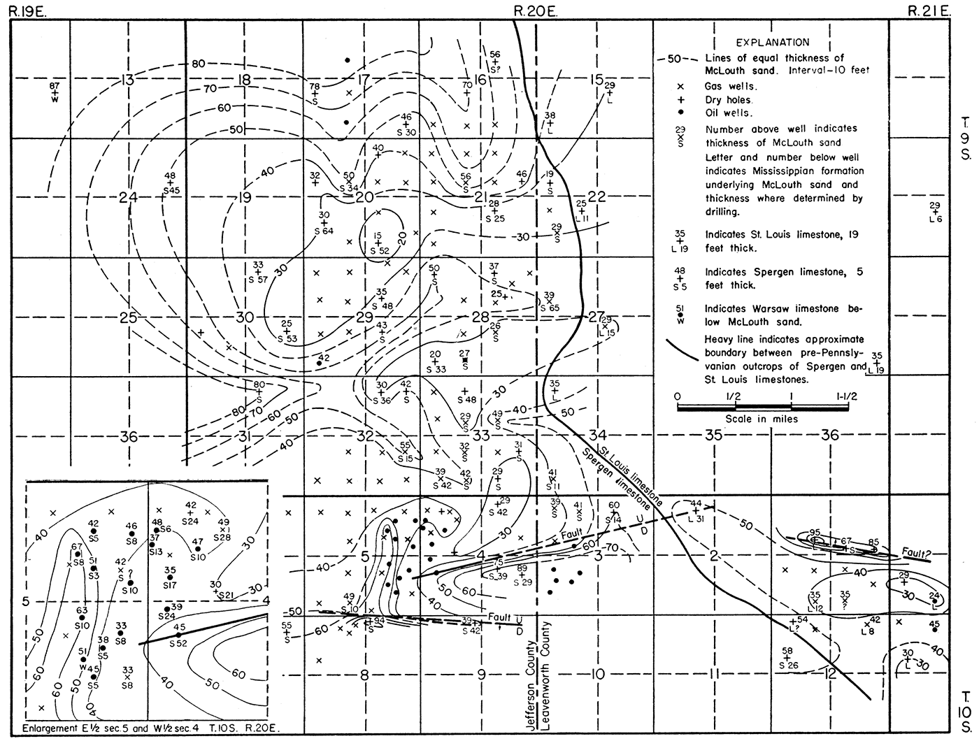 Map of McLouth field showing variations in thickness of the McLouth sand by lines of equal thickness and the thickness of the underlying Mississippian formations where determined by drilling.