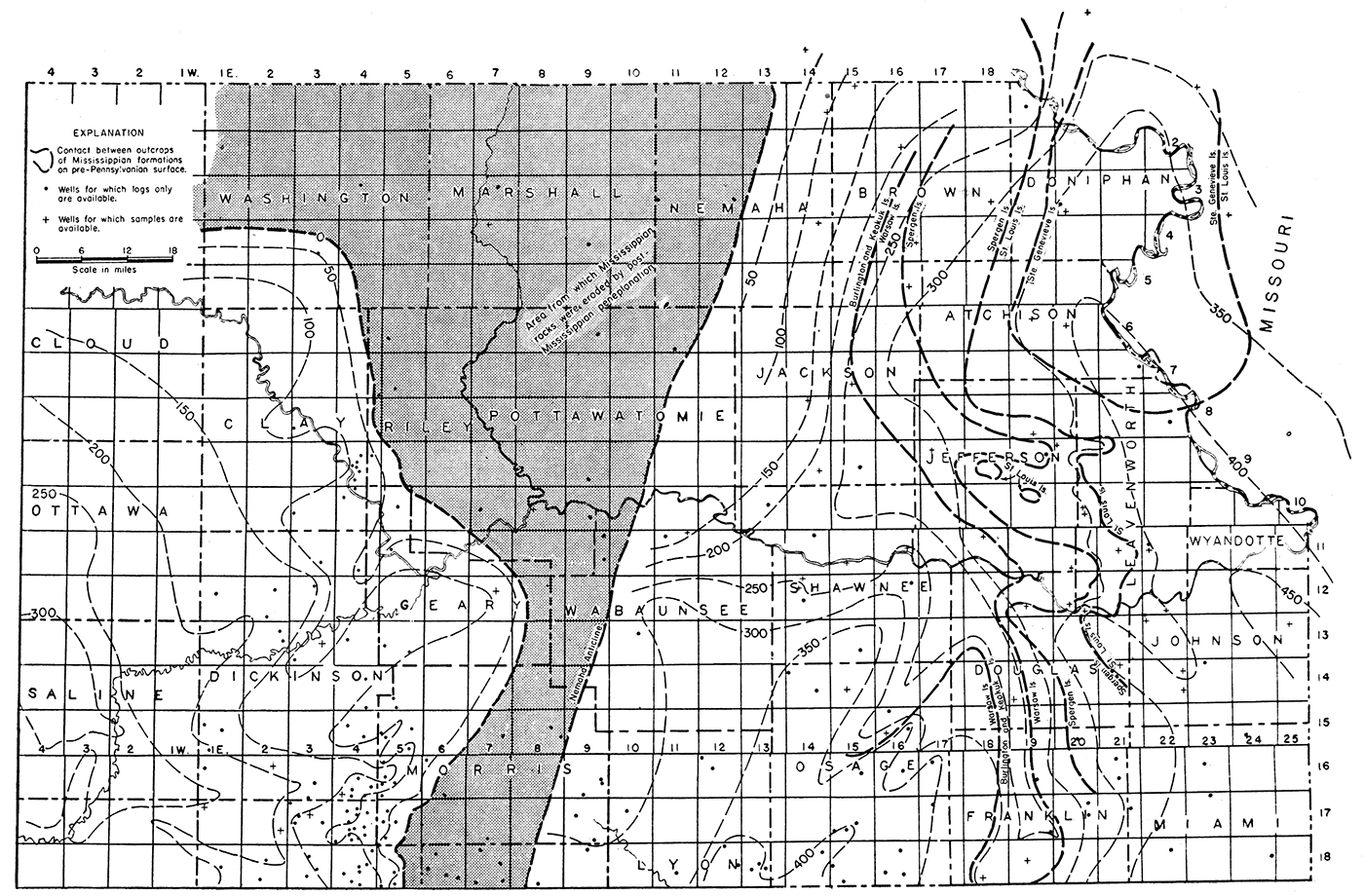 Map of northeastern Kansas showing thickness of Mississippian limestones and approximate distribution of Mississippian formations on pre-Pennsylvanian surface.