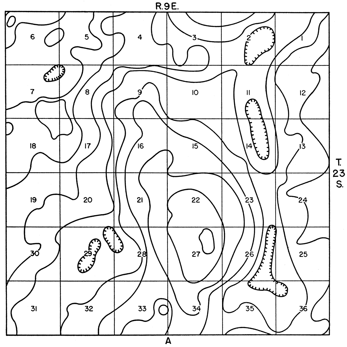 Map showing shifting of the crest of an anticline contoured on surface rocks before and after elimination of the regional dip of 26 feet per mile.