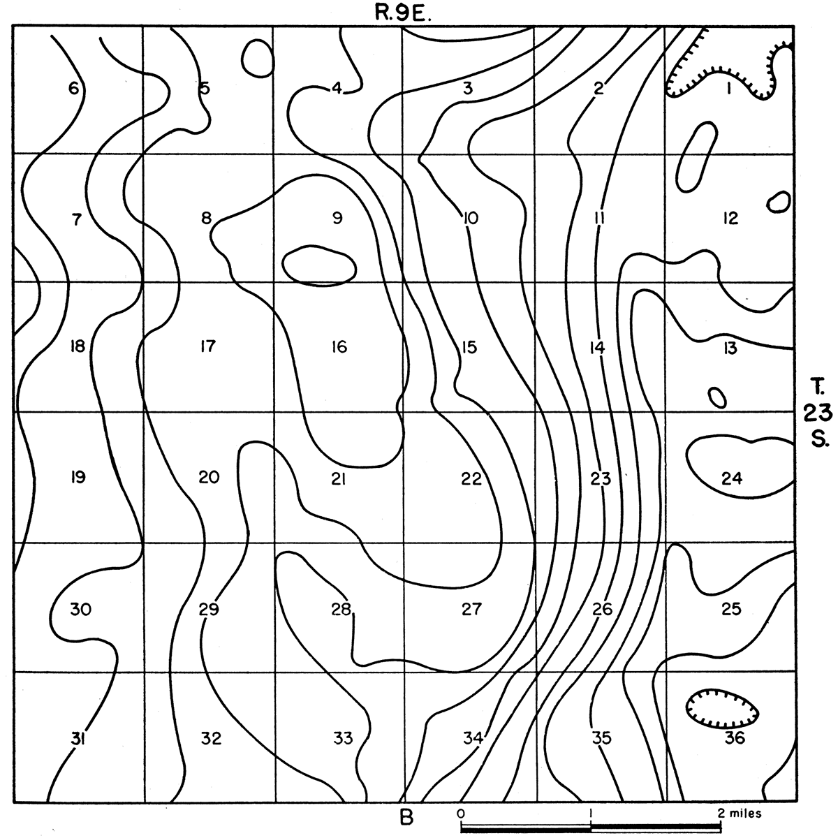 Map showing shifting of the crest of an anticline contoured on surface rocks after elimination of the regional dip of 26 feet per mile.