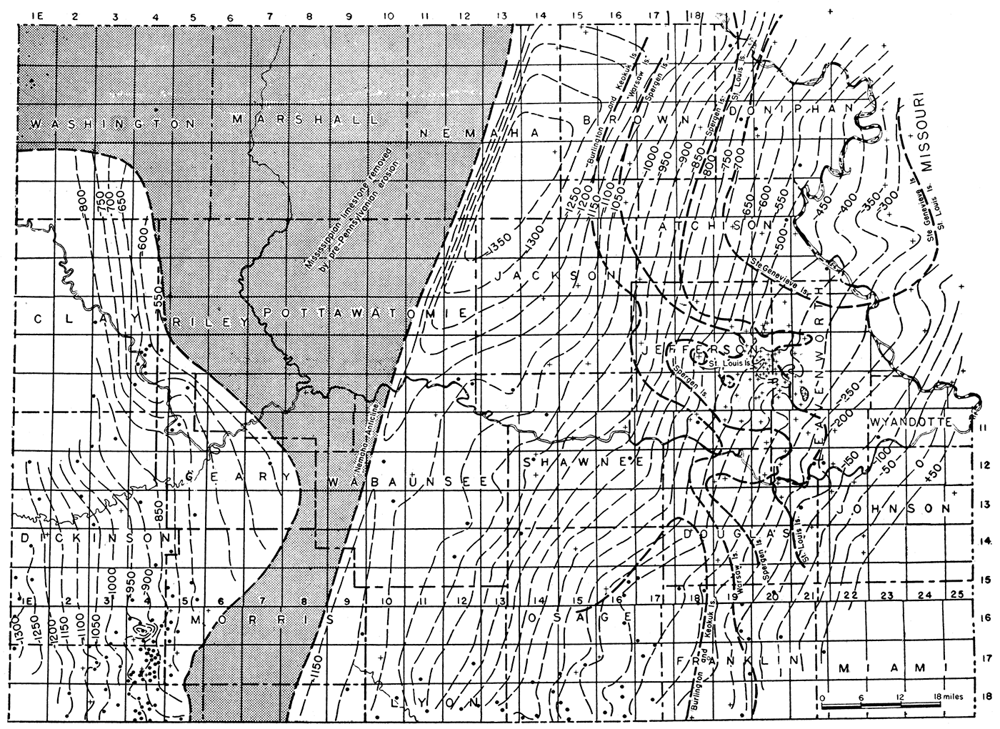 Map of northeastern Kansas showing regional structure of the top of the Mississippian limestone.