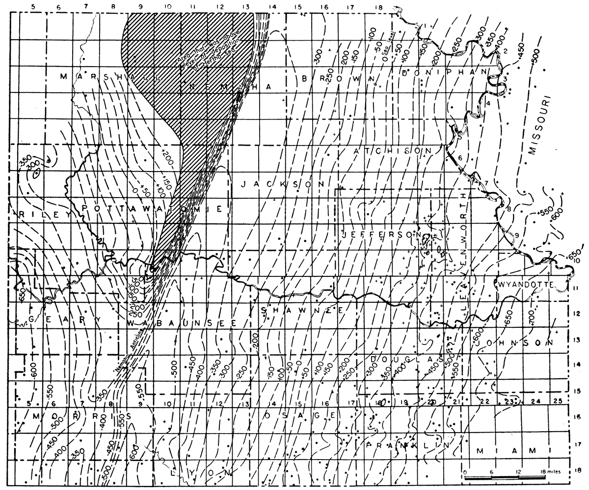 Map of northeastern Kansas showing regional structure at the base of the Hertha limestone.