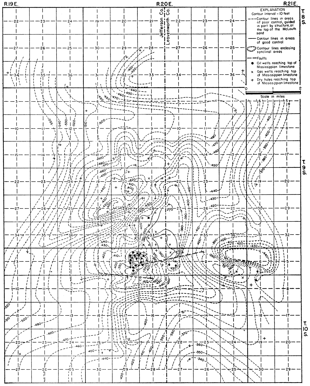 Map showing the structure of the McLouth field contoured on the top of the Mississippian limestone.