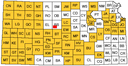 Index map of Kansas showing which part of Russel County is being studied in this report as well as other bulletins online