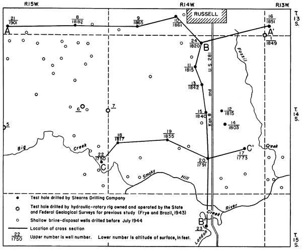 Wells used in study and locatins of cross sections are shown on the map.