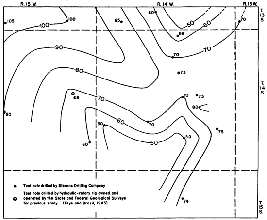 As thick as 100 feet in NW part of study area; drops to 50 feet in south-central and NE part of study area.