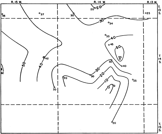 As thick as 50-60 feet in west-central part of study area; drops to 30 in center and rises to 50 again in east; also drops off to north and south.