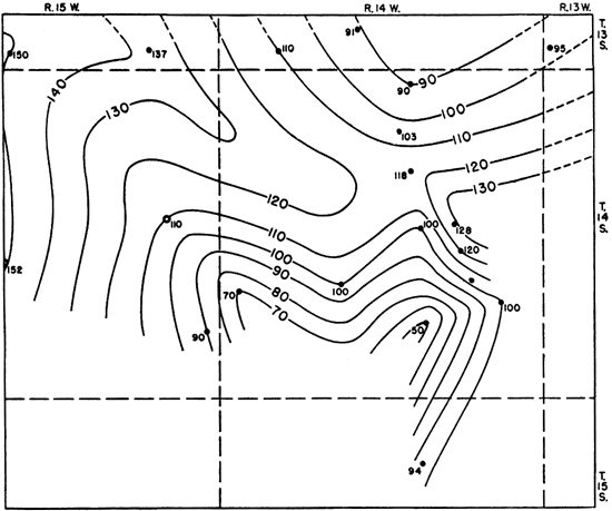 As thick as 140 feet in NW and 130 in SE; drops off to south (70 feet) and NE (90 feet).