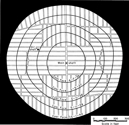 Map showing mining progress from 1936 to 1940 through longwall method of mining.