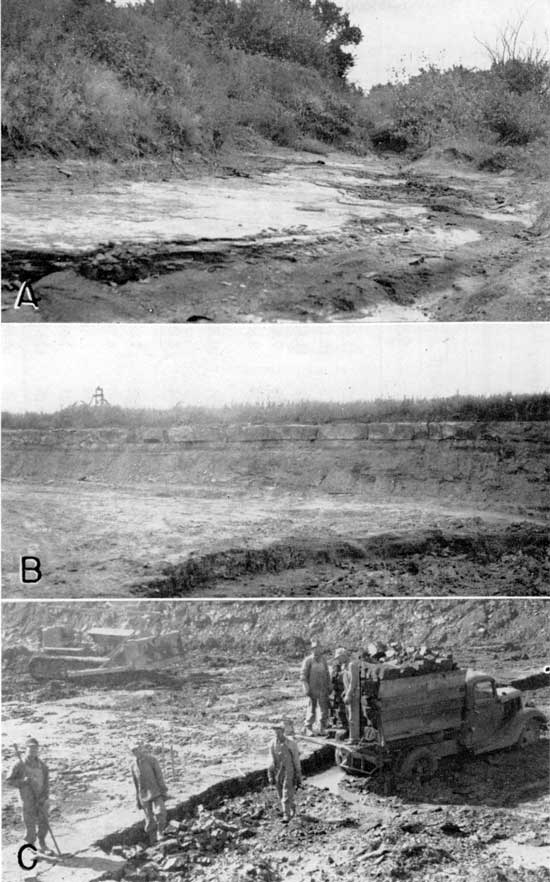 Three black and white photos: coal bed in creek bottom (top); outcrop in coal mine of Nodaway coal with Church Ls as cap rock (middle); workers removing overburden in mine.