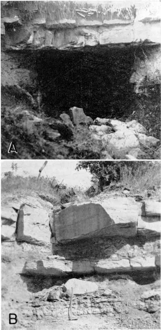 Two black and white photos; top is of active drift mine in Jefferson Co., lower photo is of Church limestone member of Howard formation.