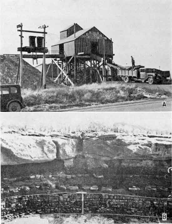 Two black and white photos; top is of buildings associated with shaft mine in the Osage coal field; lower photo is of Church limestone and Nodaway coal bed.