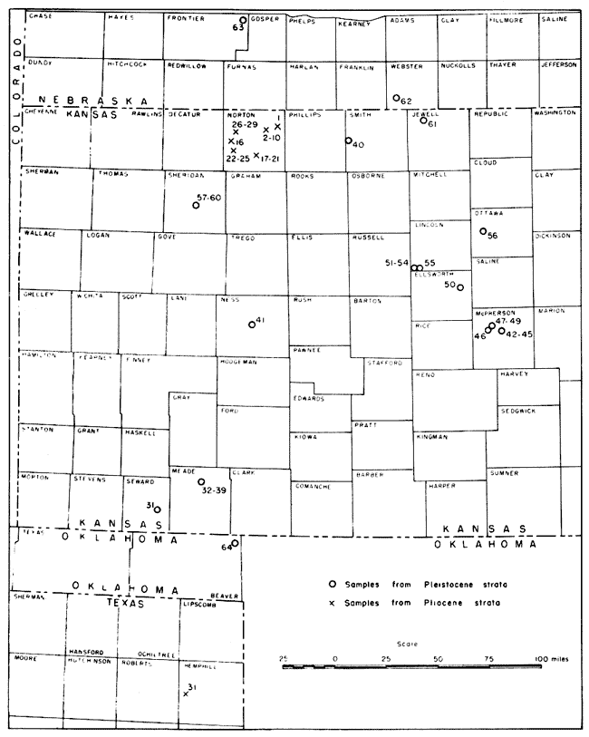 Cluster of Pliocene samples in Norton, one in Hemphill Co., Texas; Pleistocene samples mostly in McPherson, also in several other western counties