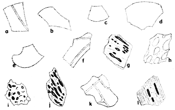 Several drawings of shards, differences described in text.