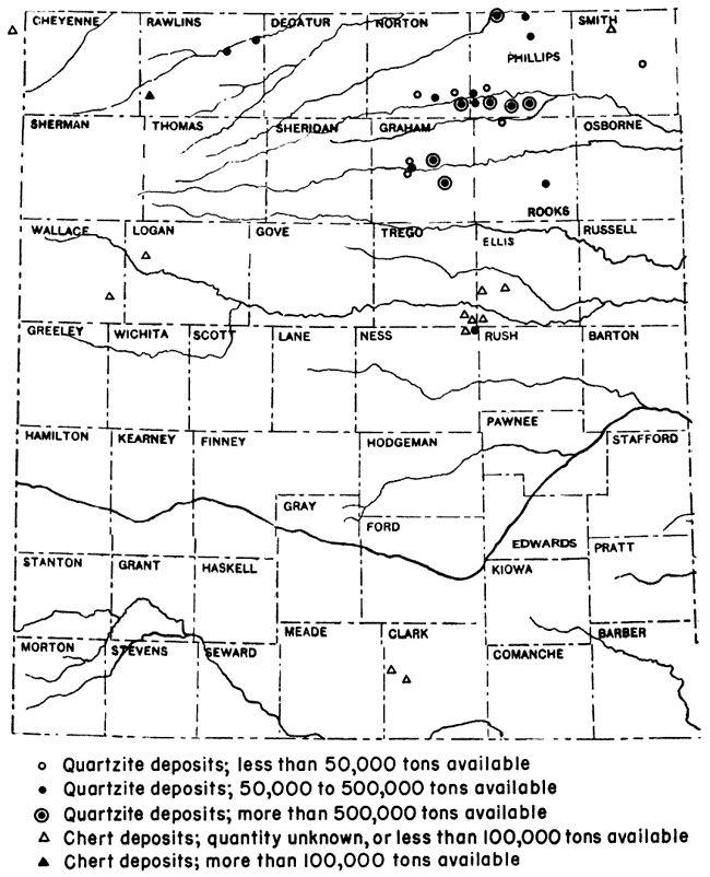 Cluster of quartzite deposits in Phillips, Norton, and Graham counties; chert in Trego, Ellis, and others.
