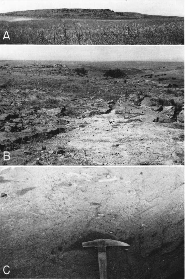 Three black and white photos; top photo is a photo of hill with gentle slope on one side, steep slope on the other, and resistant layer at top; middle photo shows closer view of a resistant bed on top of a hill; bottom shows closeup of exposure.