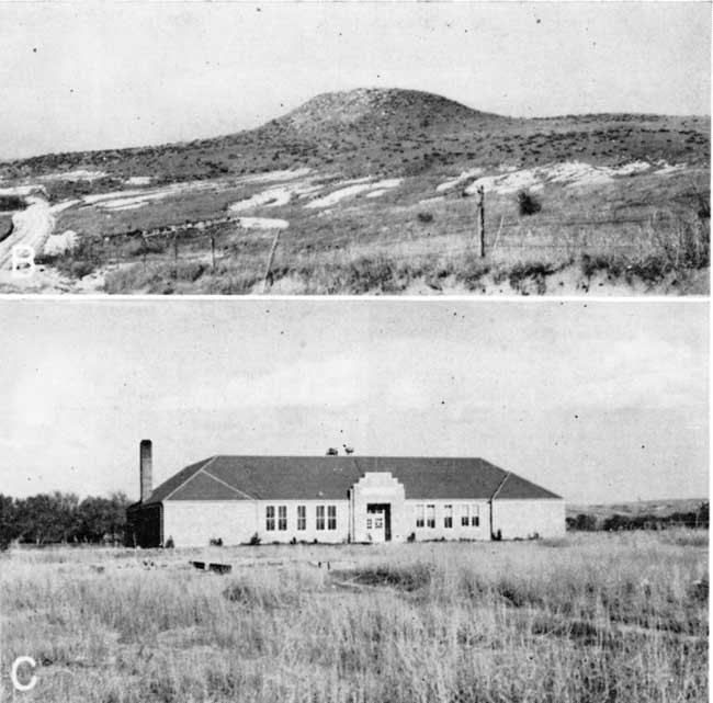 Black and white photos; top is of very rounded mound on top of gently sloping hill; one-story schoolhouse, grasses in forground and trees behind.