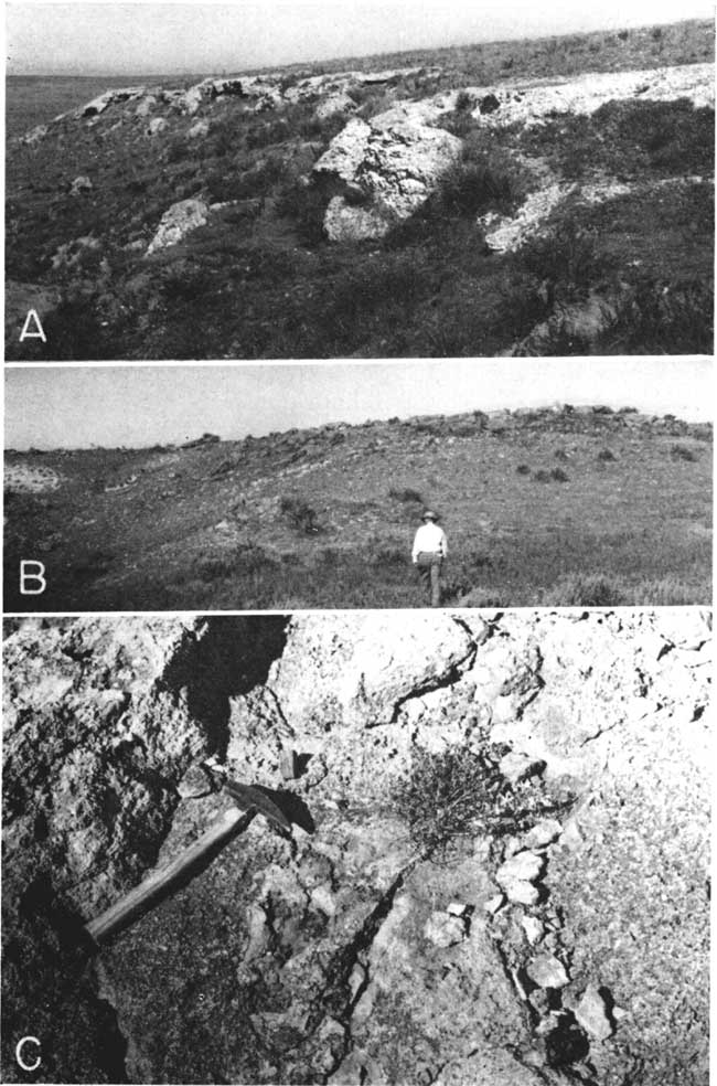 Black and white photos; top is of boulders falling away from outcrop at top of hill; middle photo is if hill with small boulders of chert, man walking up through grasses; botom is closeup of outcrop.