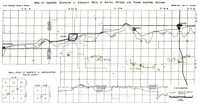 Quartzite outcrops in bad in T. 5 S. from R. 17 to 21 W.; few in T. 4 S. in R 19 to 21 W.