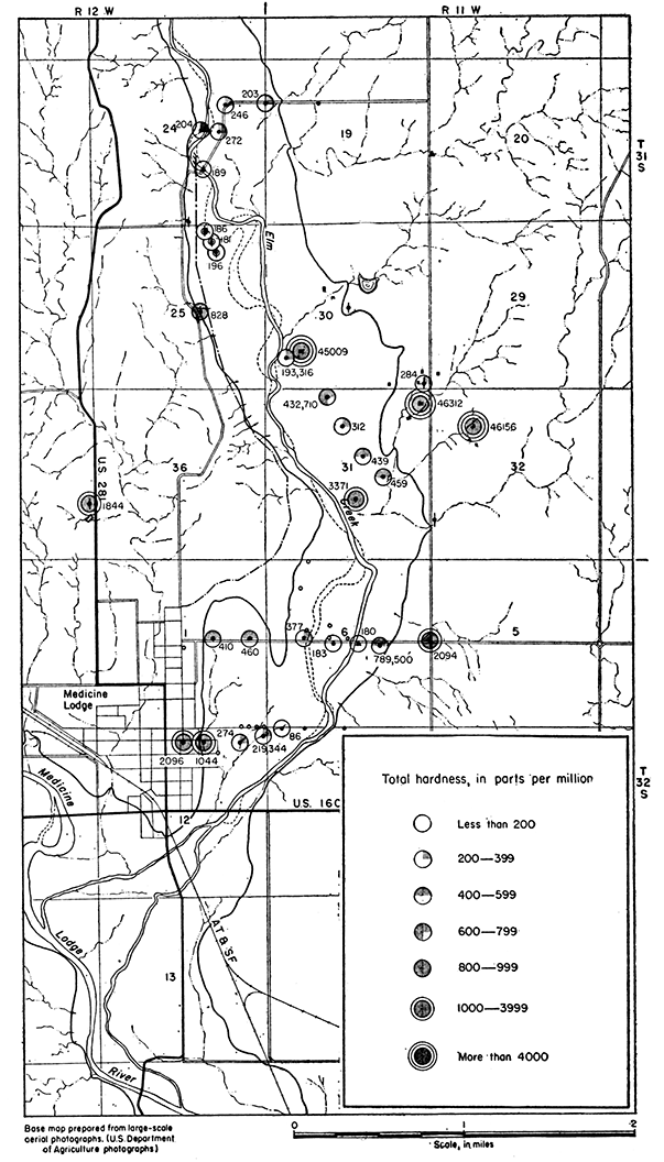 Map showing total hardness of water in Elm Creek Valley.