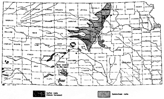 Map of Kansas; Comanchean rocks to east of Gulfian in band from Washington SW to Ellsworth; isolated parts farter to SW in Kiowa, Comanche.