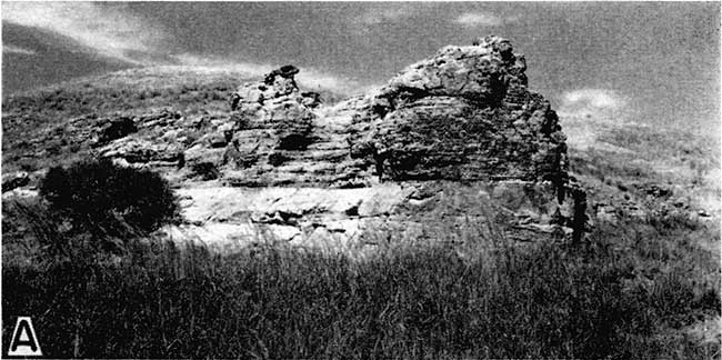 Black and white photo of large outcrop of resistant Cheyenne sandstone