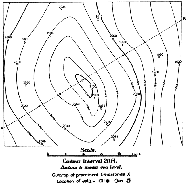 Contour map showing structure of a limestone bed.