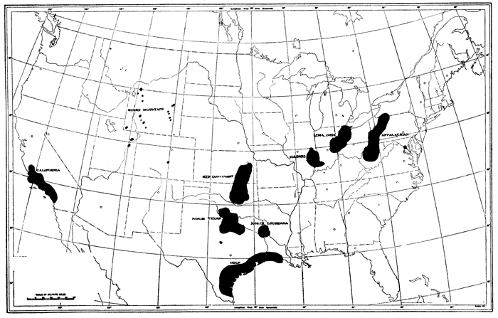 Map of the USA showing oil distribution, as of 1920.