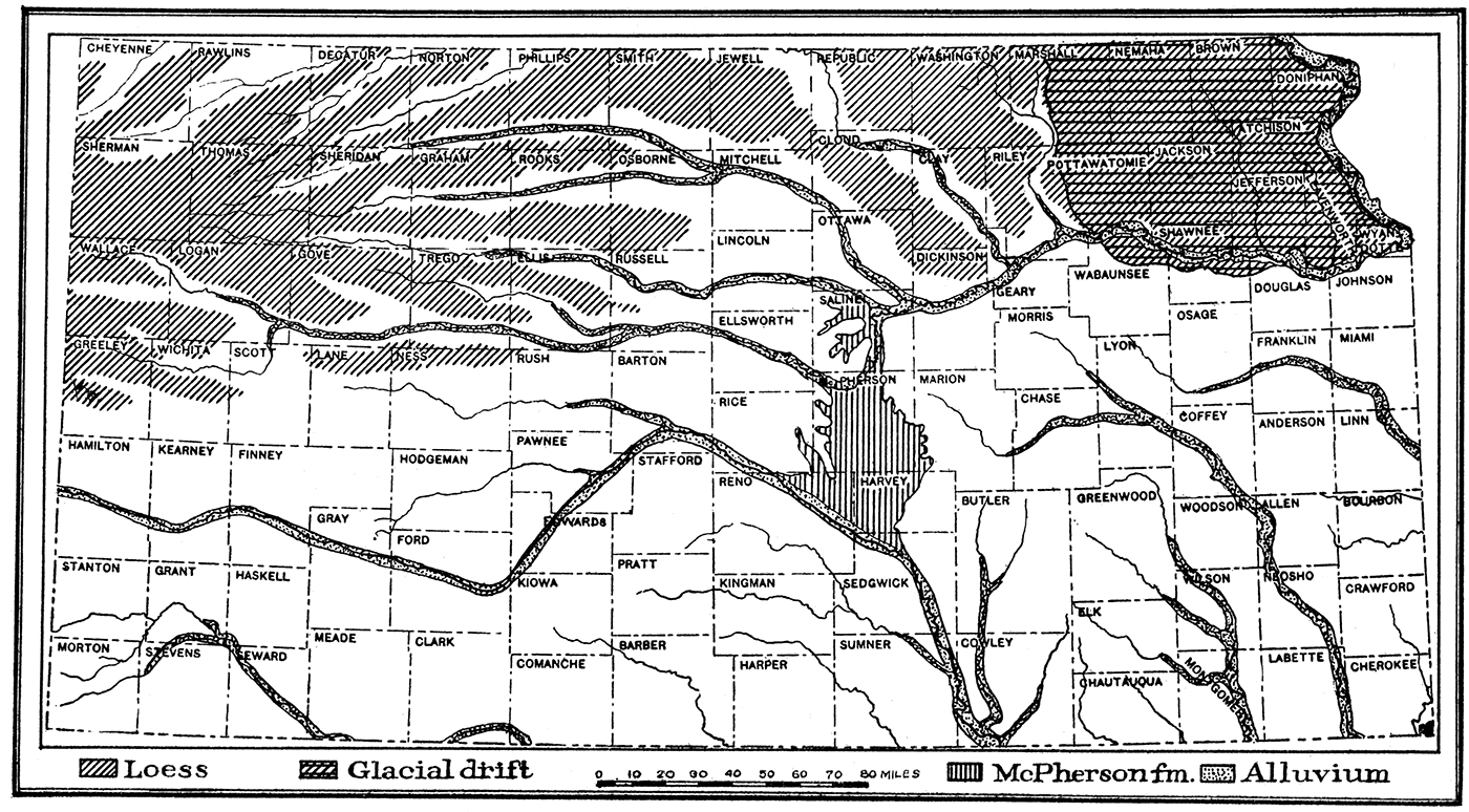 Outline map showing distribution of the Quaternary deposits of Kansas.