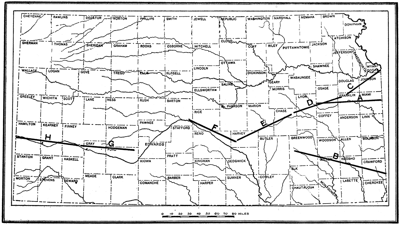 Map showing location of geological sections A to H, plates XV to XVII.