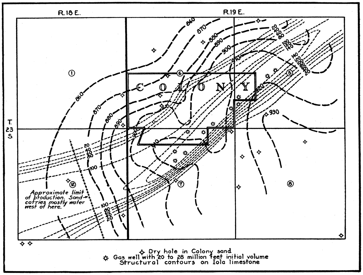 Sand-thickness and subsurface structural map of the Colony gas field.