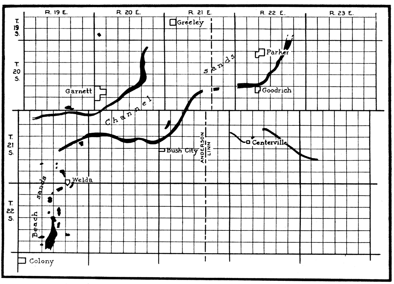 Deposits of the 800-foot, or shoestring sand, in the Anderson-Linn county district.