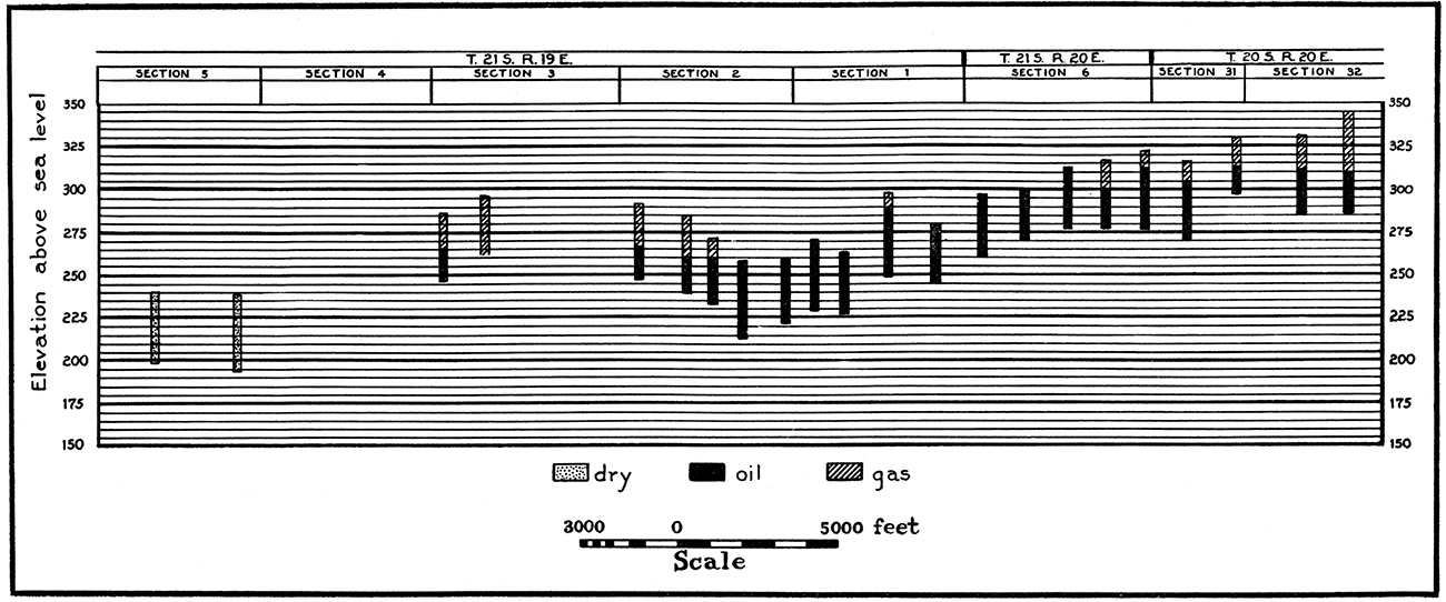 Profile of the sand in the Garnett shoestring to show the relation of the elevation of the sand to its contents.