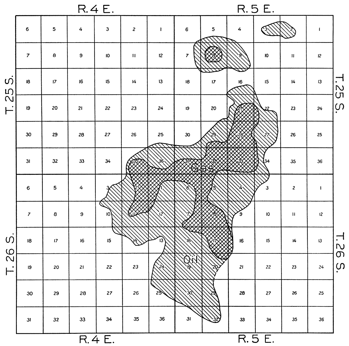 Map of the El Dorado field, showing extent of the gas-producing territory in comparison to that of the oil-producing territory.