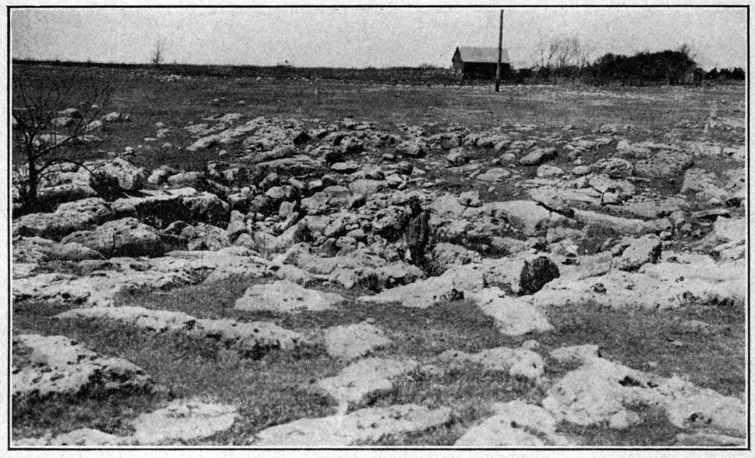 Black and white photo showing sink-hole development in upper division of the Fort Riley limestone.