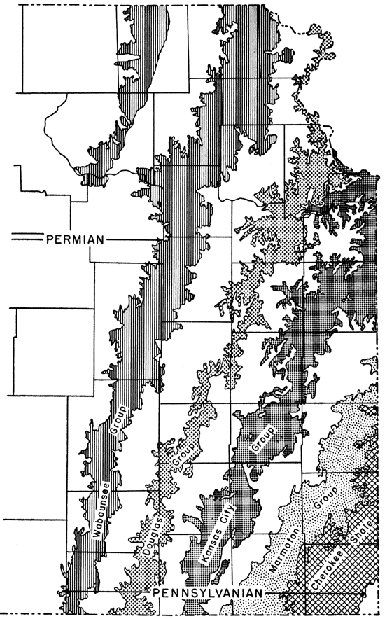 Bands of groups rend from south to north-northeast; include Cherokee shale and Marmaton, Kansas City, Douglas, and Wabaunsee groups.