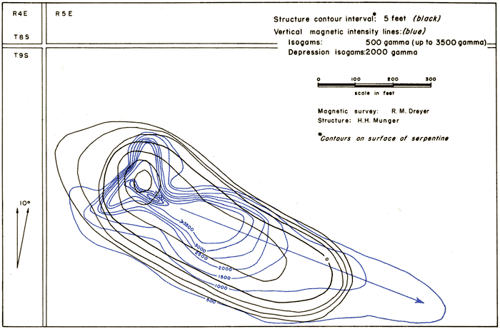 Magnetic anomaly oriented in similar direction to structural feature, trending to SE.