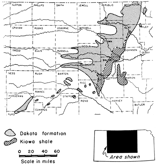 Primary outcrops in wide band from Washington to Ellsworth and Lincoln counties; Kiowa outcrops in narrower band, east of Dakota, from Rice to Owwata and Clay.