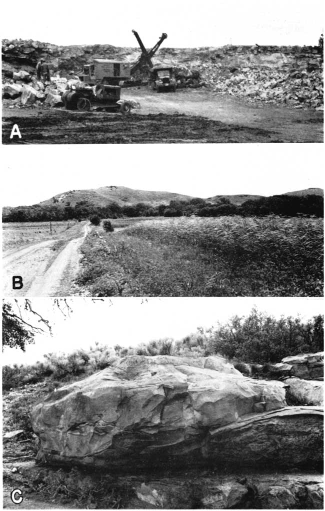 Three black and white photos; quarrying operations with large shovel and dump truck; dirt road heading toward gently sloped hill; large quartzite boulder in outcrop.