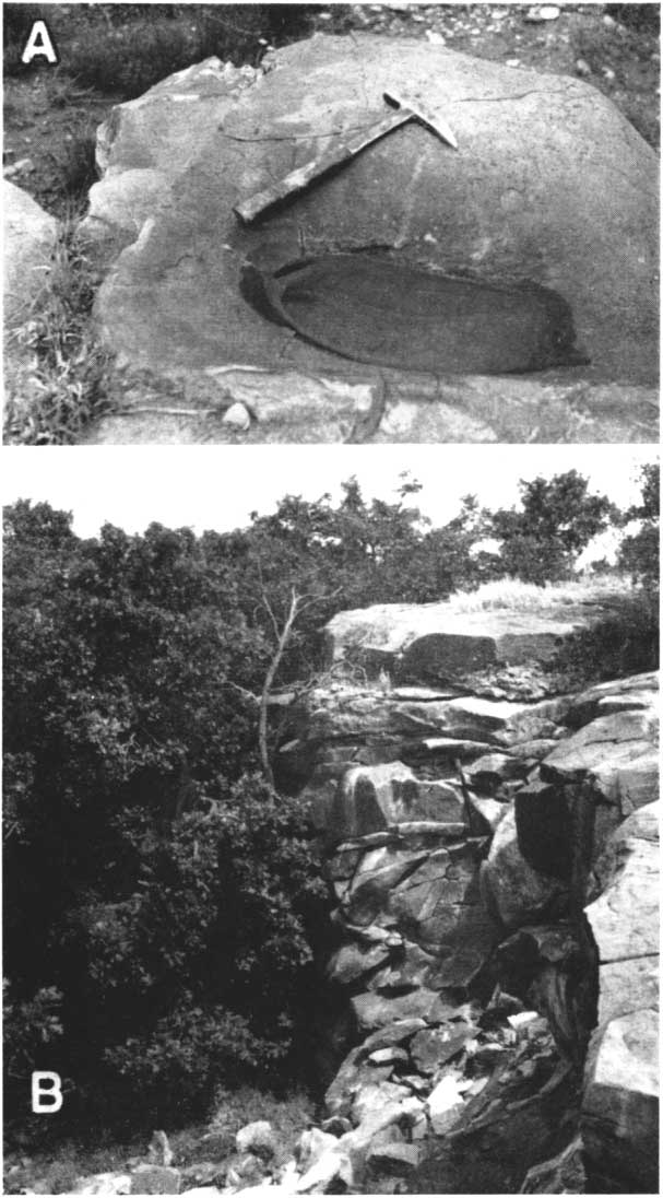 Two black and white photos; 2-3 foot diameter boulder in stream bed; clif of blocky sandstone, trees at base rising to top of cliff.