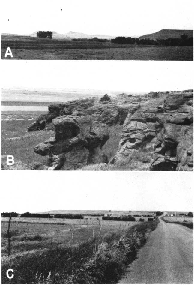 Three black and white photos; distant hills topped by resistant sandstone; erosional remnants several feet high rise above grasses; dirt road leading to distant flat-topped hill, pasture to foreground.