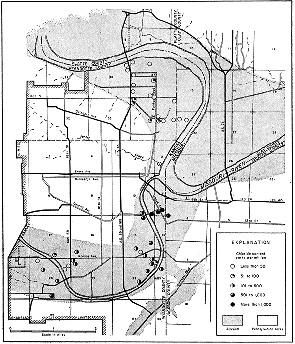 Chloride content of waters in the alluvium in the Kansas and Missouri River Valleys.