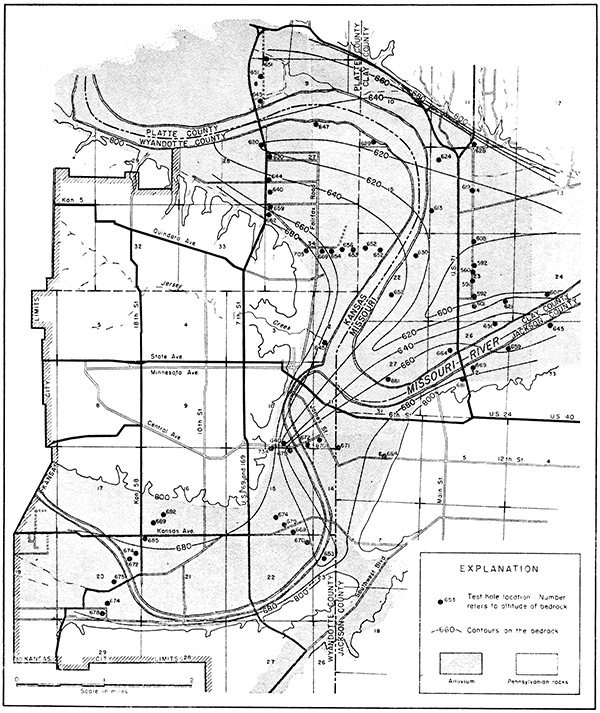 Contours on the bedrock in the Kansas and Missouri River Valleys in the Kansas City, Kansas, area.