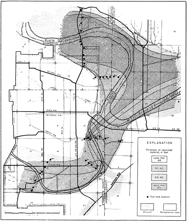 Thickness of the saturated alluvium in the Kansas and Missouri River Valleys in the Kansas City, Kansas, area.