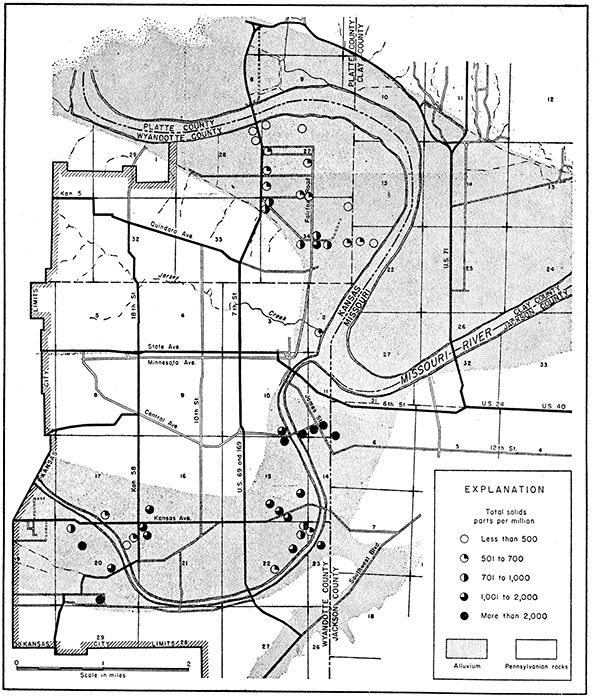 Dissolved solids in the waters in the alluvium in the Kansas and Missouri River Valleys.