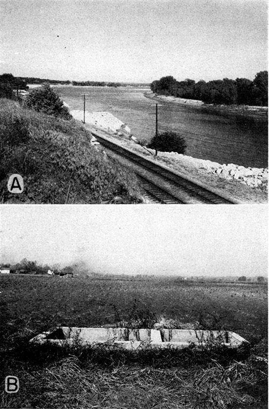 Two black and white photos; view of Kansas River from bluff above train tracks; well in concrete box below ground in fallow field.